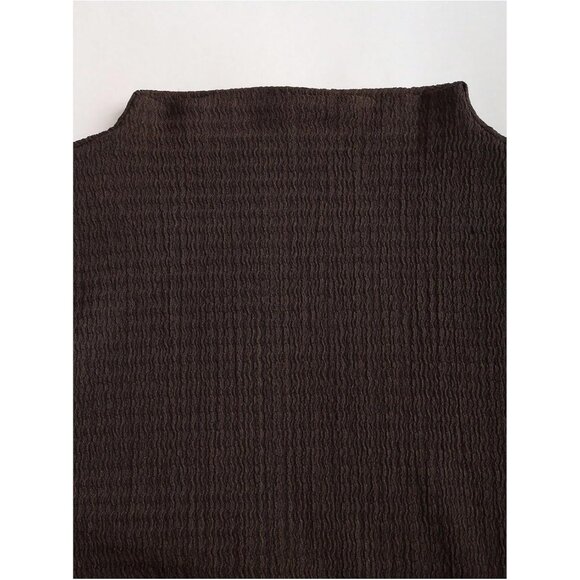 Women's Coffee Textured Mock Neck Dress Long Bell Sleeve Ruched Bodice - Picture 3 of 5